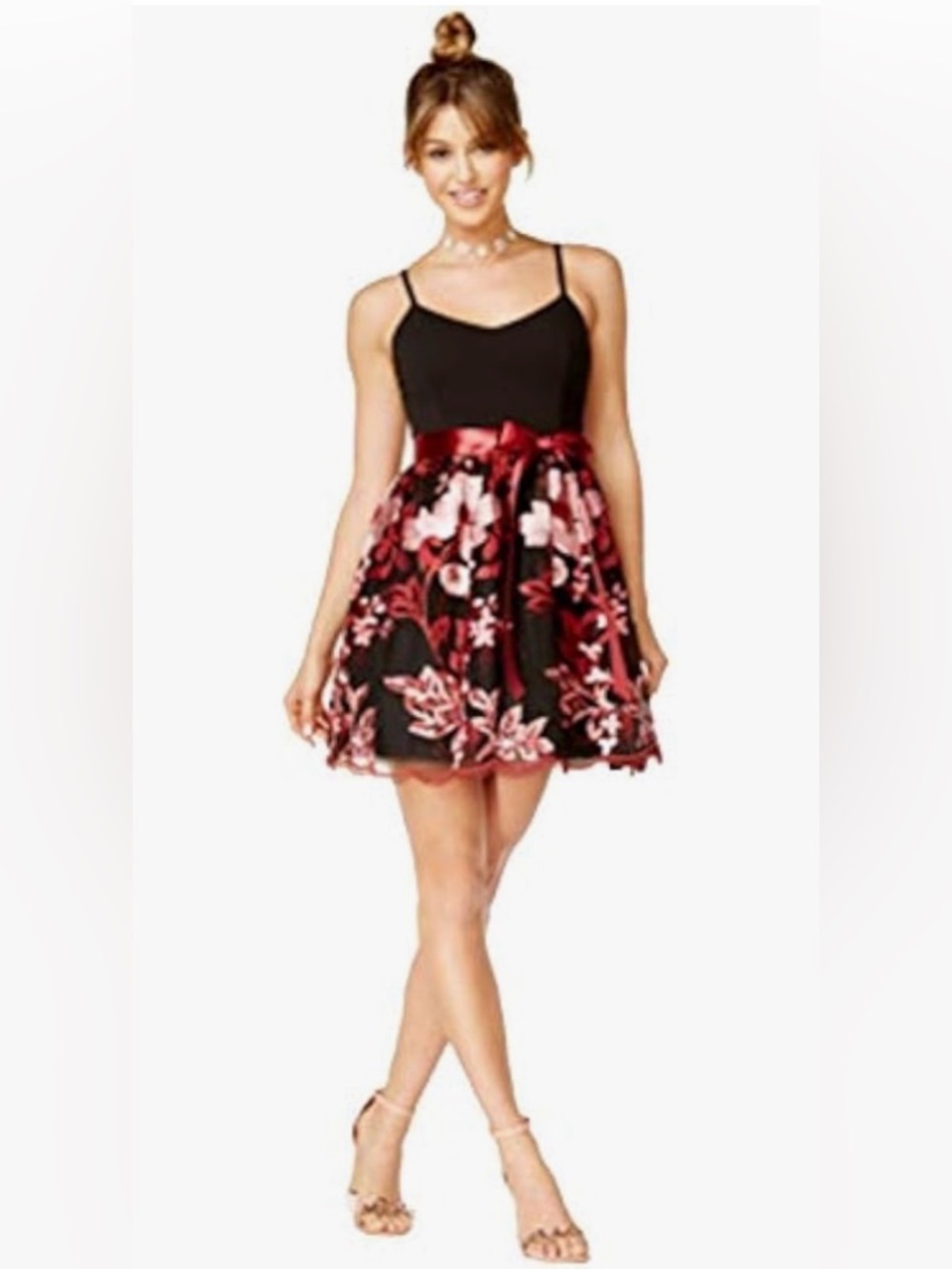 NWT-Black & Red Floral Embroidered Fit-and-Flare Dress